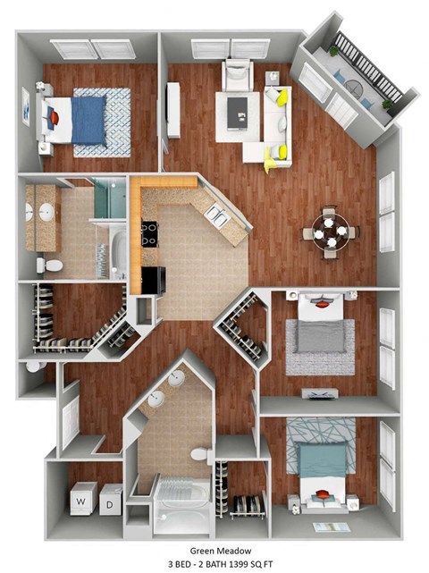 Floor plan for 3 beds, 2 baths, 1399 sqft